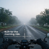 Rider wearing Dirts winter gloves on a foggy morning road