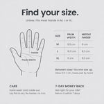 Size chart: M, L, XL by palm width and middle finger length