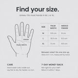 Size chart: M, L, XL by palm width and middle finger length