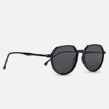 Side view of dark black sunglasses on white background