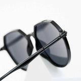 Close-up of dark black sunglasses frame and lens