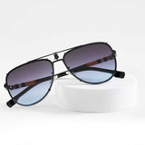 Black blue dark shade sunglasses on white display stand