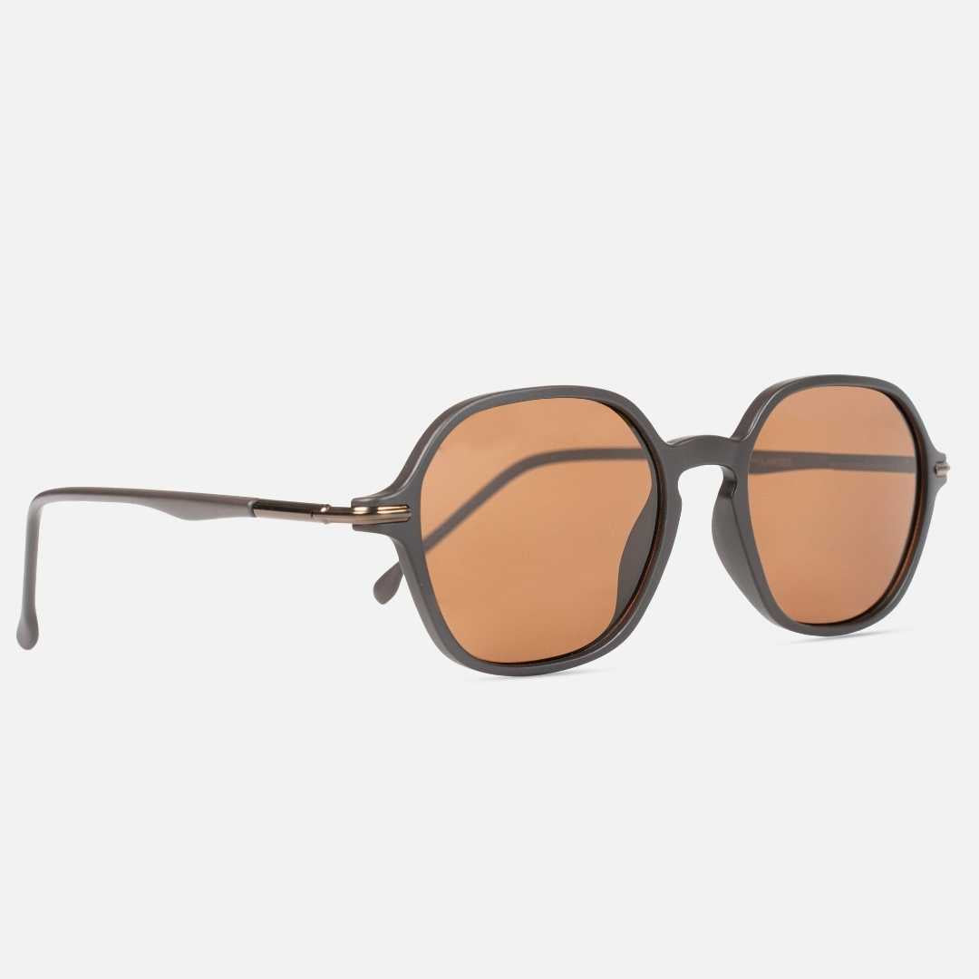 Side view of dark brown sunglasses with amber lenses