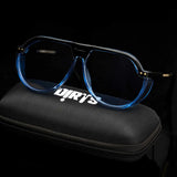 Stylish Arctic Aura Shade sunglasses with blue lenses on case