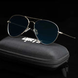 Apex Aqua Shade sunglasses with dark lenses on case