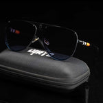 Black blue dark shade sunglasses on case, dark setting