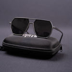 Grey Sigma sunglasses on black case with logo