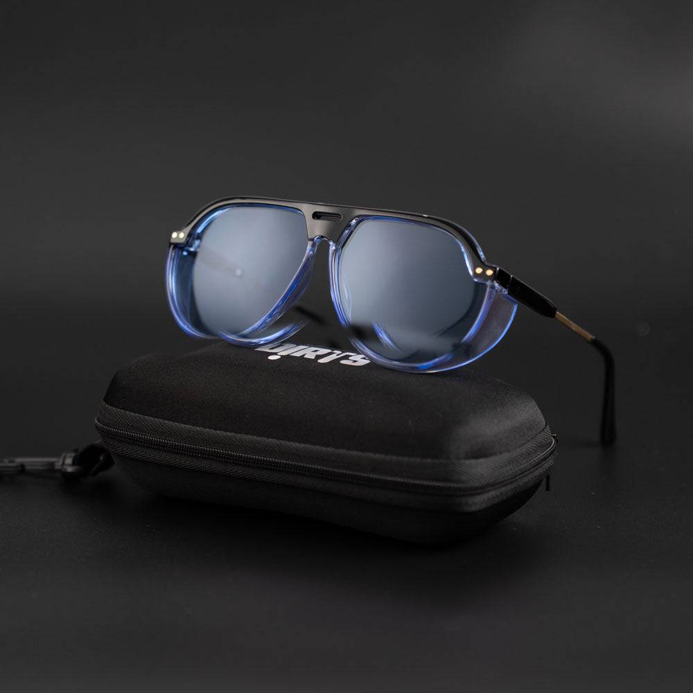 Arctic Aura Shade sunglasses featuring blue lenses on black case