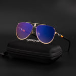 Gold blue sunglasses with dark lenses on black case