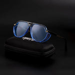 Arctic Aura Shade sunglasses with blue lenses on black case