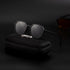 Dark black sunglasses with case on black background