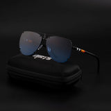 Black blue dark shade sunglasses with case on black background