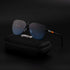 Black blue dark shade sunglasses with case on black background