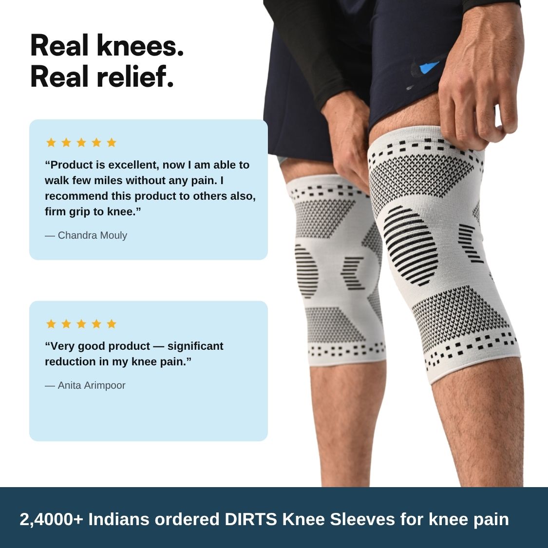 A person wearing white and gray DIRTS Knee Sleeves on both knees, shown against a white background with promotional text and customer review boxes. The product is the knee sleeves, not the person's body or the text overlays.