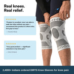 A person wearing white and gray DIRTS Knee Sleeves on both knees, shown against a white background with promotional text and customer review boxes. The product is the knee sleeves, not the person's body or the text overlays.