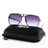 Black blue dark shade sunglasses with case on white background